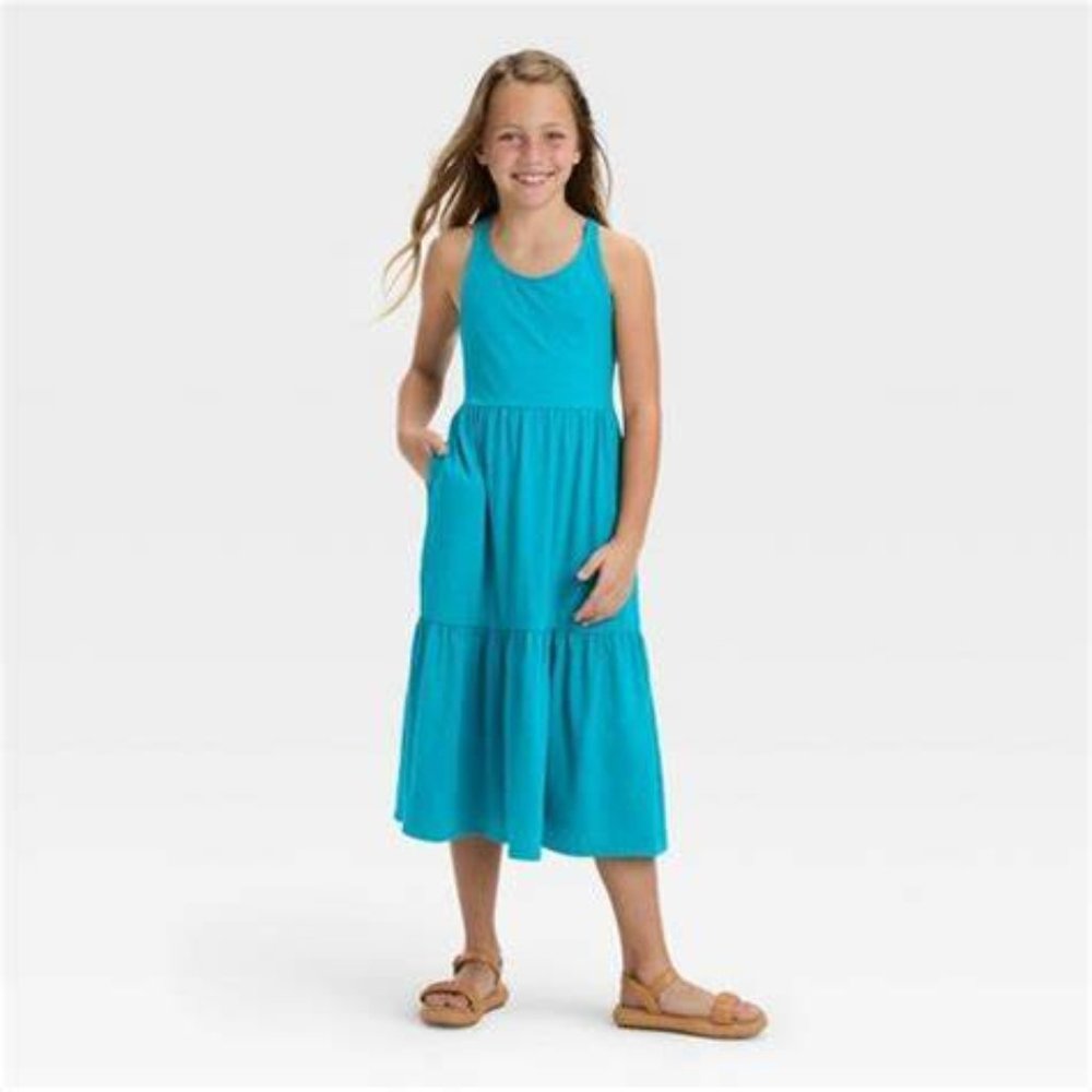 Cat & Jack Girls Cross Back Knit Midi Knit Dress in Deep Turquoise Blue XS
